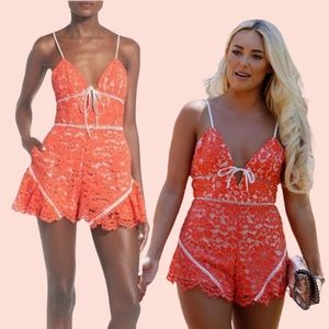 NBD Revolve Orange Lace Ruffles Romper